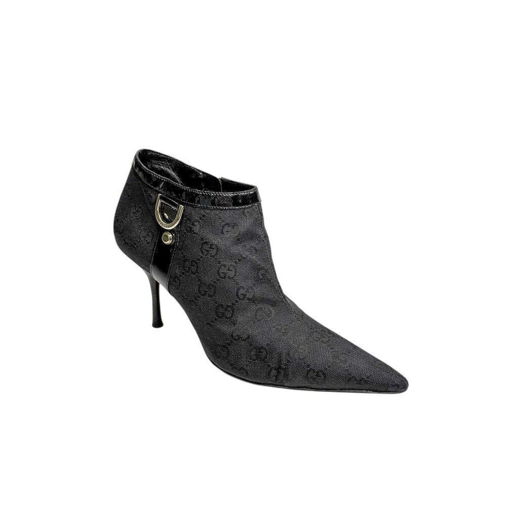 Gucci Monogram Double G D-Ring Canvas Ankle Booties US 8 Black Supreme Heels